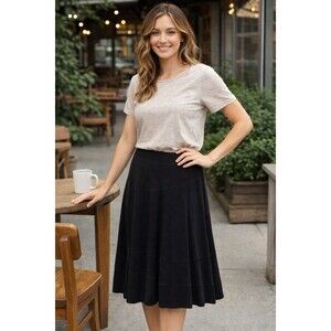 EileenFisher Women Black Lagenlook Midi Skirt Elastic Waist Luxury Minimalist S